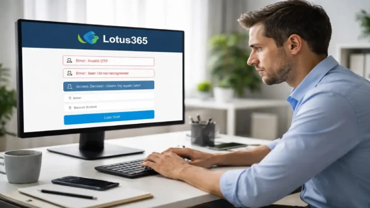 Man facing Lotus365 login errors on computer screen showing invalid OTP, user ID not recognized, and access denied issues on betting platform