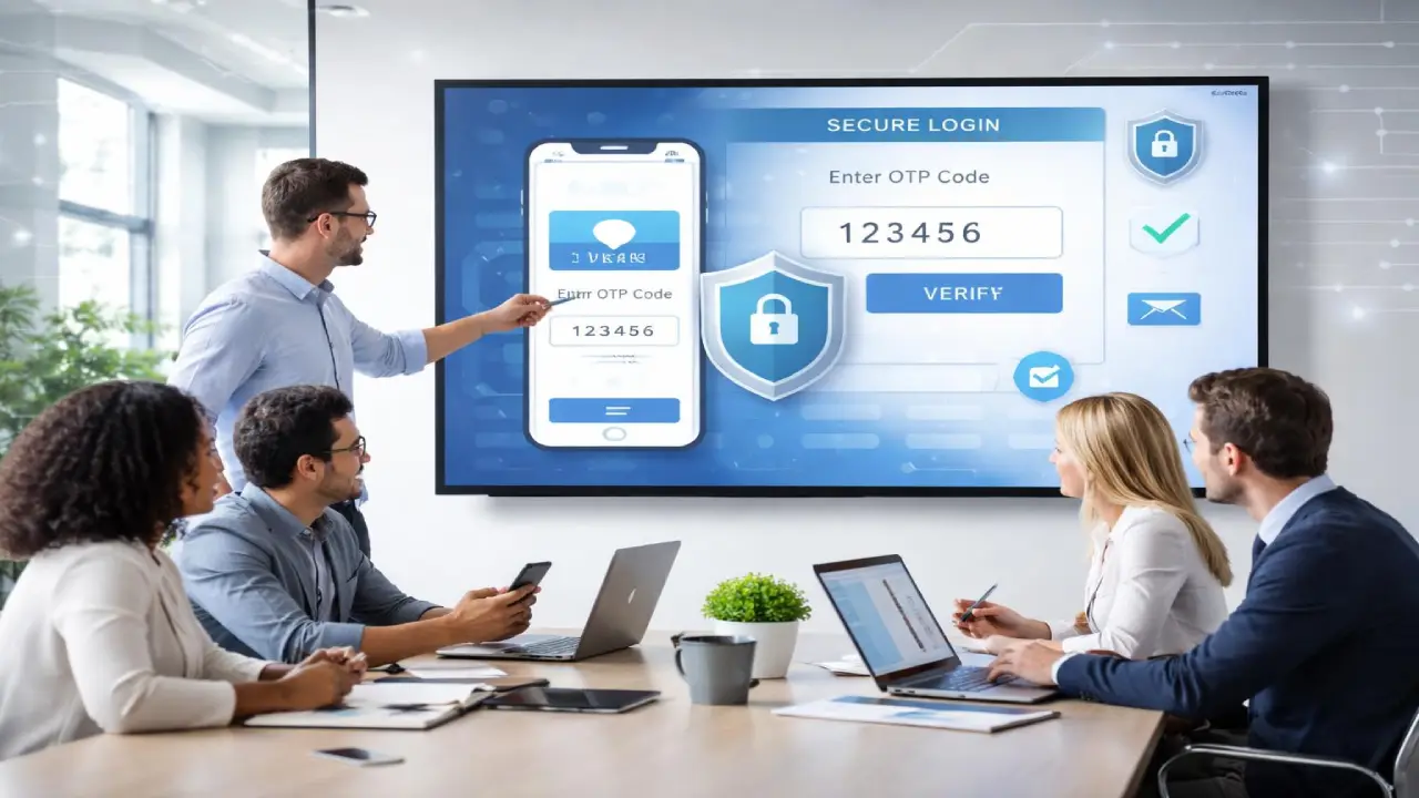 Team discussing secure login system with OTP verification on screen showing one-time password entry, mobile authentication, and cybersecurity protection interface