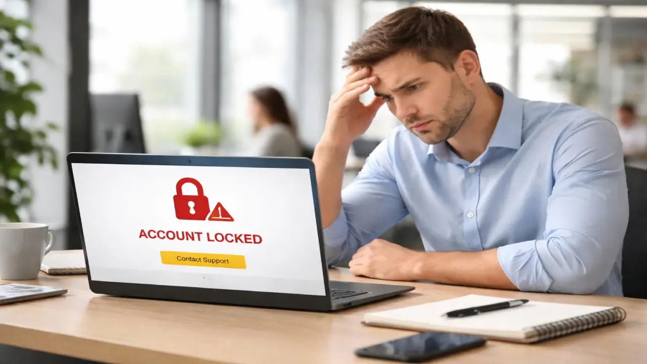 Man looking worried at laptop showing account locked message with security warning and support option for recovering online betting or gaming account access