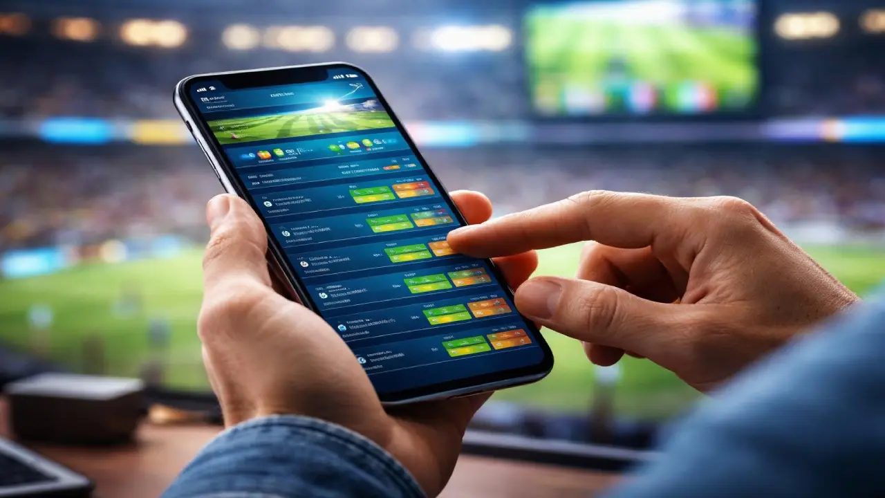 A person holding a smartphone in a stadium uses a sports betting app, tapping on options with live odds and match information displayed on the screen.