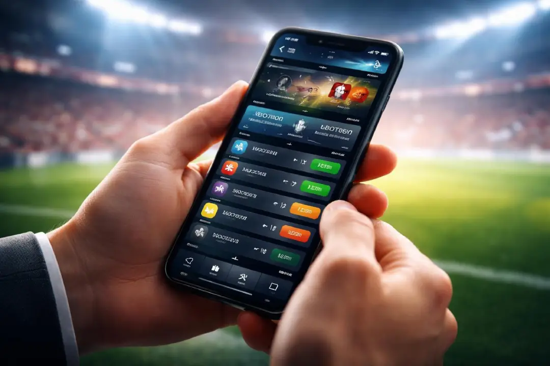 Close-up of a person holding a smartphone displaying a sports betting app interface with odds and match options, while standing in a brightly lit stadium.